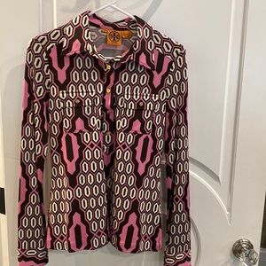 Tory Burch silk Jersey long sleeve top with gold logo buttons